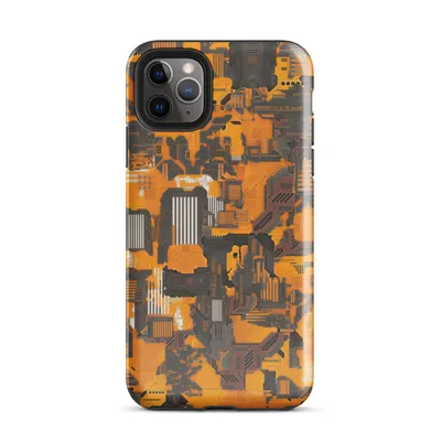 dense camouflage pattern of orange and charcoal mechanical circuit boards, vents, panels, and electronic components with white accent details on Glossy Circuit Camo Tech Fortress - default view