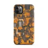 Matte Circuit Camo Tech Fortress Tough Case for iPhone — dense camouflage pattern of orange and charcoal mechanical circuit