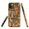 Glossy Circuit Camo Tech Fortress Tough Case for iPhone — dense camouflage pattern of orange and charcoal mechanical circuit