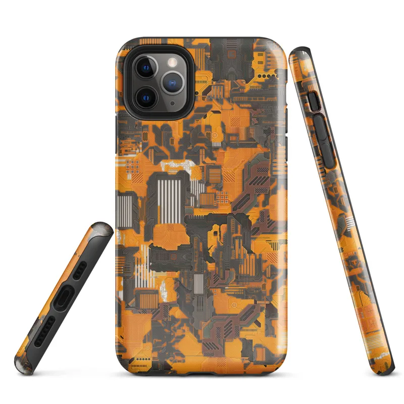 Glossy Circuit Camo Tech Fortress Tough Case for iPhone — dense camouflage pattern of orange and charcoal mechanical circuit