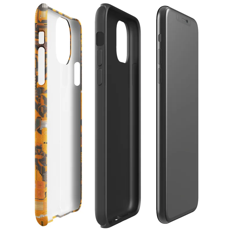 Glossy Circuit Camo Tech Fortress Tough Case for iPhone — dense camouflage pattern of orange and charcoal mechanical circuit