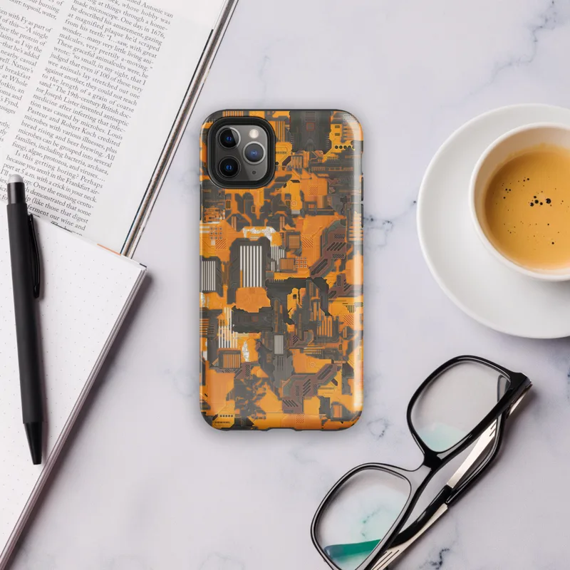 Glossy Circuit Camo Tech Fortress Tough Case for iPhone — dense camouflage pattern of orange and charcoal mechanical circuit