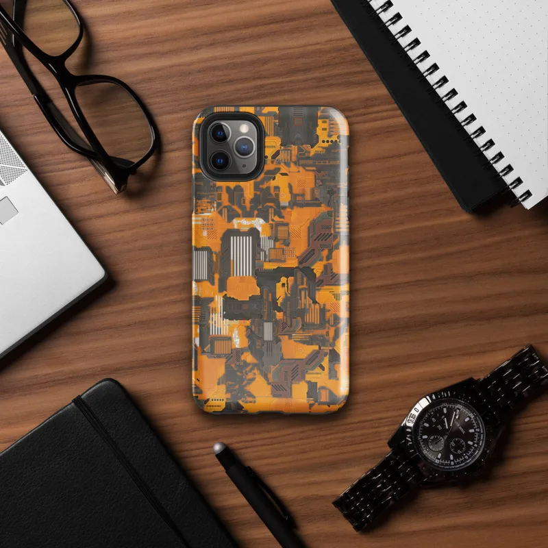 Glossy Circuit Camo Tech Fortress Tough Case for iPhone — dense camouflage pattern of orange and charcoal mechanical circuit