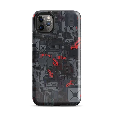 dense mechanical cityscape of circuit panels, industrial plating, and glowing red energy conduits on dark charcoal and gunmetal tones on Glossy Dark Machine City Armor Case - default view