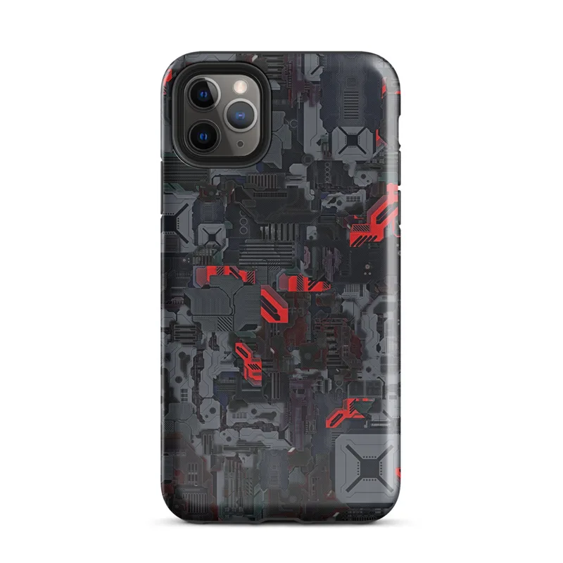 Glossy Dark Machine City Armor Tough Case for iPhone — dense mechanical cityscape of circuit panels, industrial plating