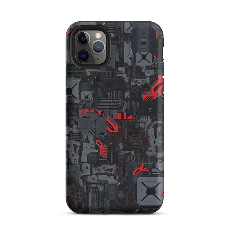 Matte Dark Machine City Armor Tough Case for iPhone — dense mechanical cityscape of circuit panels, industrial plating