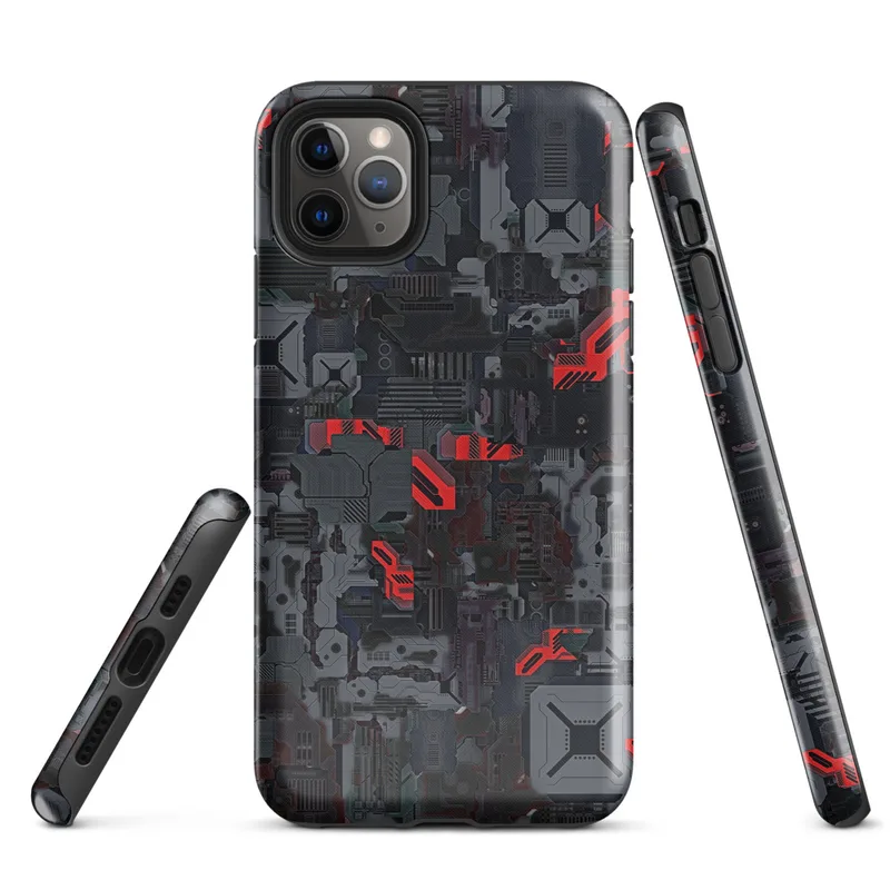 Glossy Dark Machine City Armor Tough Case for iPhone — dense mechanical cityscape of circuit panels, industrial plating