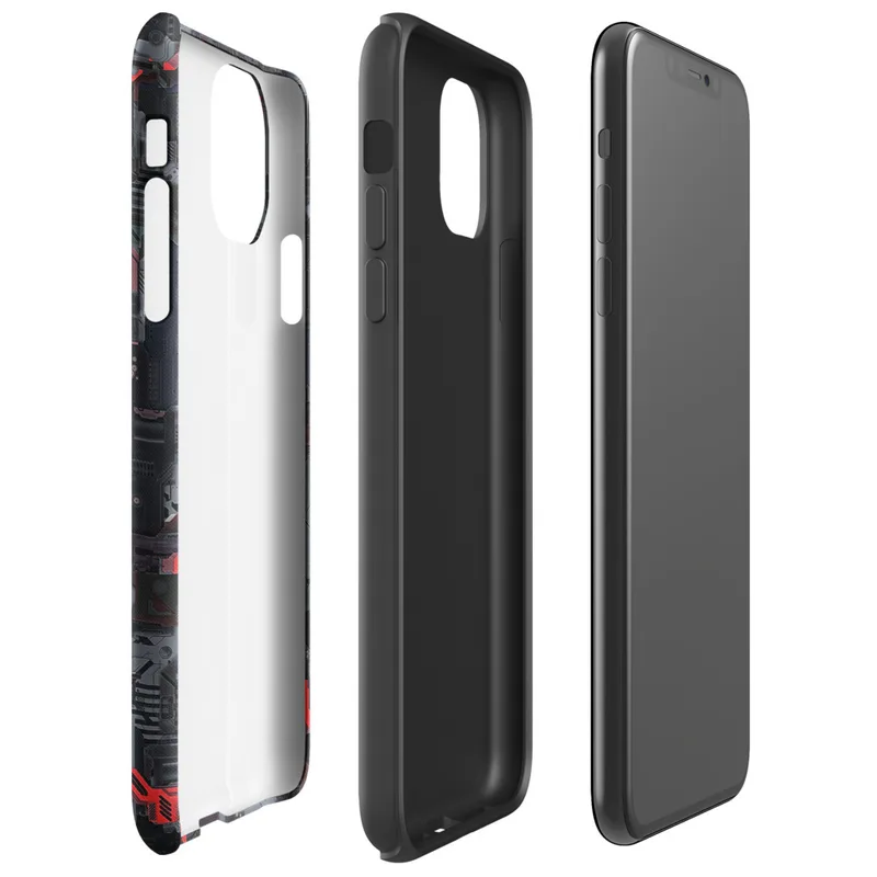 Glossy Dark Machine City Armor Tough Case for iPhone — dense mechanical cityscape of circuit panels, industrial plating