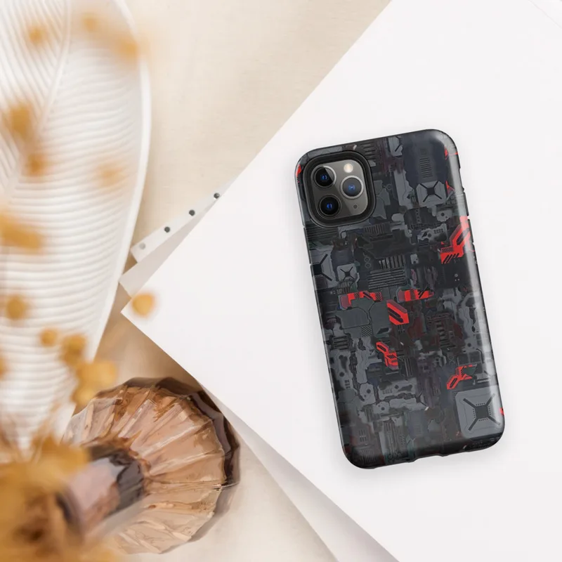 Glossy Dark Machine City Armor Tough Case for iPhone — dense mechanical cityscape of circuit panels, industrial plating