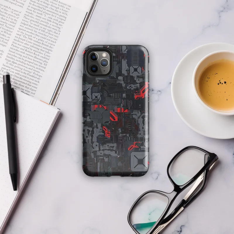 Glossy Dark Machine City Armor Tough Case for iPhone — dense mechanical cityscape of circuit panels, industrial plating