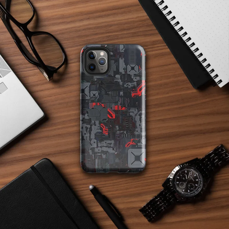 Glossy Dark Machine City Armor Tough Case for iPhone — dense mechanical cityscape of circuit panels, industrial plating