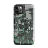 Glossy Circuit City Camo Tough Case for iPhone — aerial view of a dense circuit board cityscape in forest green, charcoal