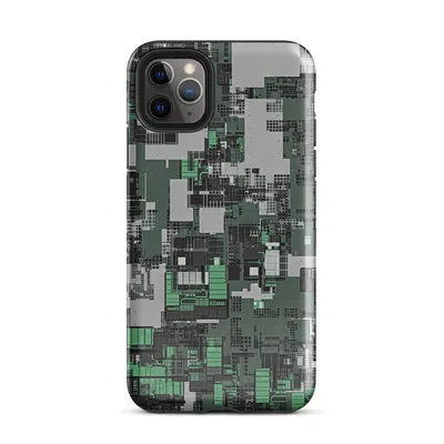 aerial view of a dense circuit board cityscape in forest green, charcoal black, and silver-grey with layered geometric grid structures on Glossy Circuit City Camo Case - default view