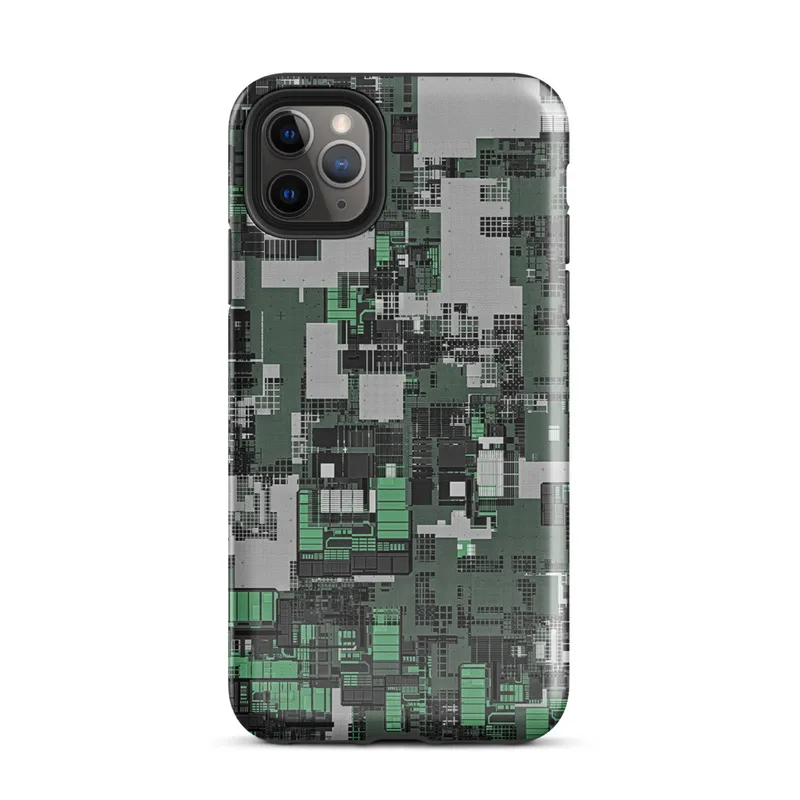 Glossy Circuit City Camo Tough Case for iPhone — aerial view of a dense circuit board cityscape in forest green, charcoal