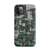 Matte Circuit City Camo Tough Case for iPhone — aerial view of a dense circuit board cityscape in forest green, charcoal