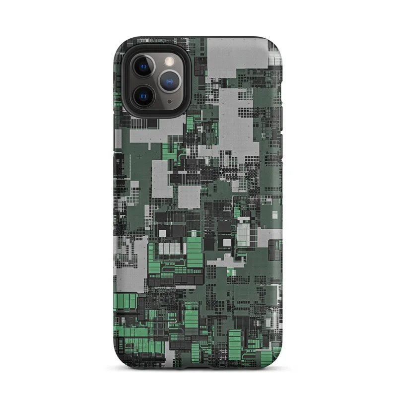 Matte Circuit City Camo Tough Case for iPhone — aerial view of a dense circuit board cityscape in forest green, charcoal