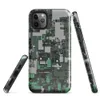 Glossy Circuit City Camo Tough Case for iPhone — aerial view of a dense circuit board cityscape in forest green, charcoal
