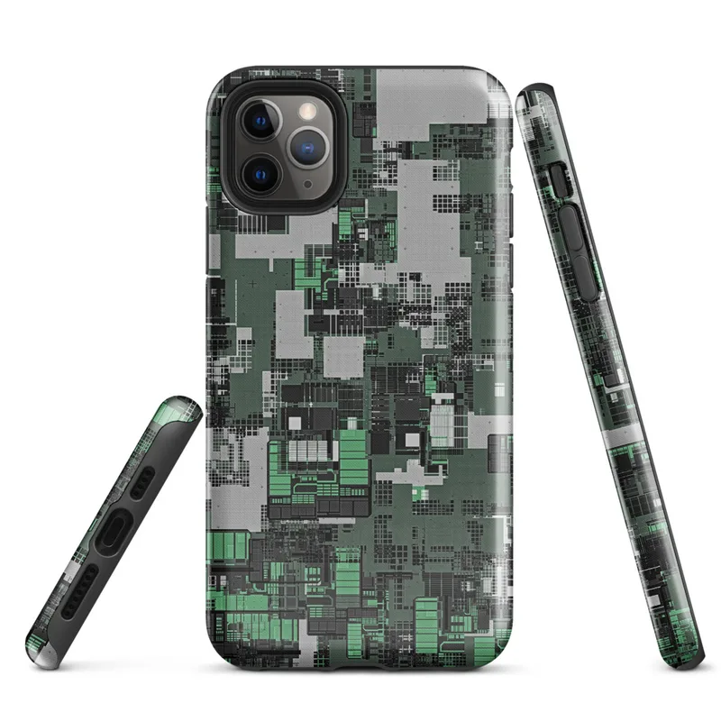 Glossy Circuit City Camo Tough Case for iPhone — aerial view of a dense circuit board cityscape in forest green, charcoal