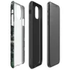 Glossy Circuit City Camo Tough Case for iPhone — aerial view of a dense circuit board cityscape in forest green, charcoal