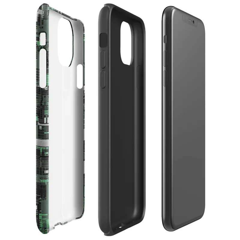 Glossy Circuit City Camo Tough Case for iPhone — aerial view of a dense circuit board cityscape in forest green, charcoal
