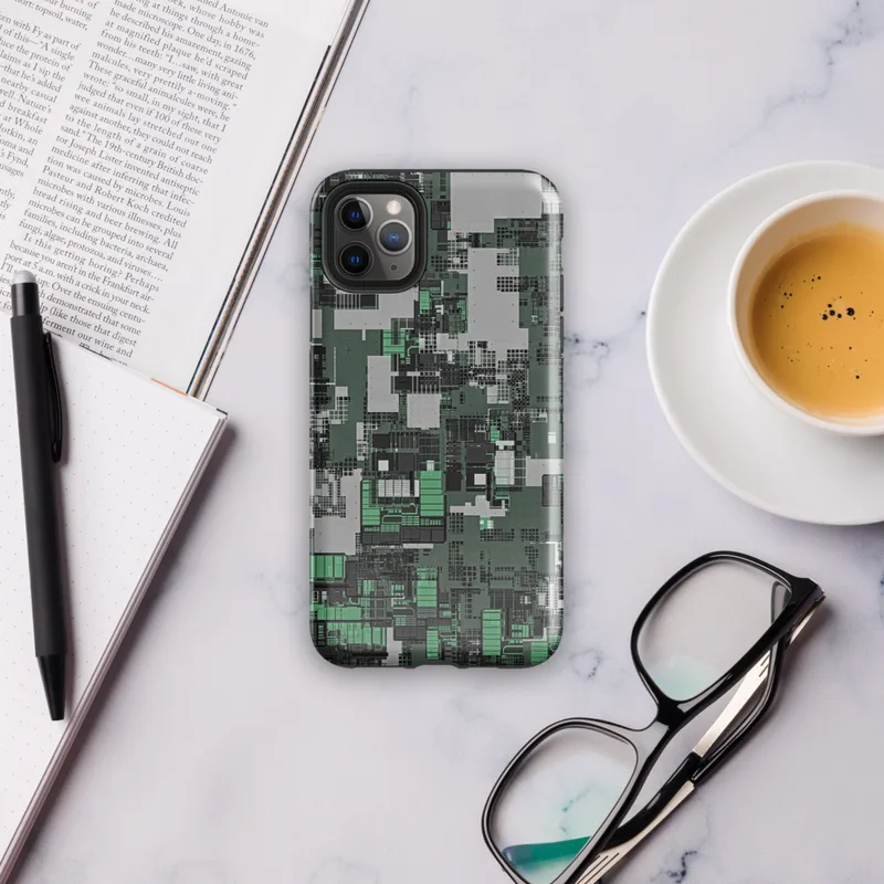 Glossy Circuit City Camo Tough Case for iPhone — aerial view of a dense circuit board cityscape in forest green, charcoal