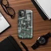 Glossy Circuit City Camo Tough Case for iPhone — aerial view of a dense circuit board cityscape in forest green, charcoal