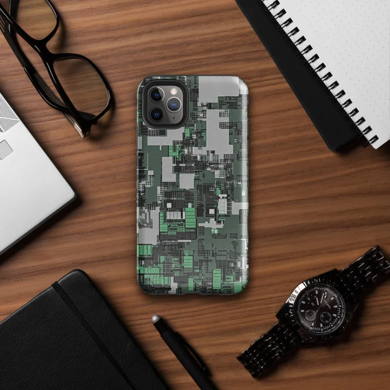 Glossy Circuit City Camo Tough Case for iPhone — aerial view of a dense circuit board cityscape in forest green, charcoal