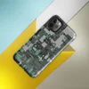 Glossy Circuit City Camo Tough Case for iPhone — aerial view of a dense circuit board cityscape in forest green, charcoal
