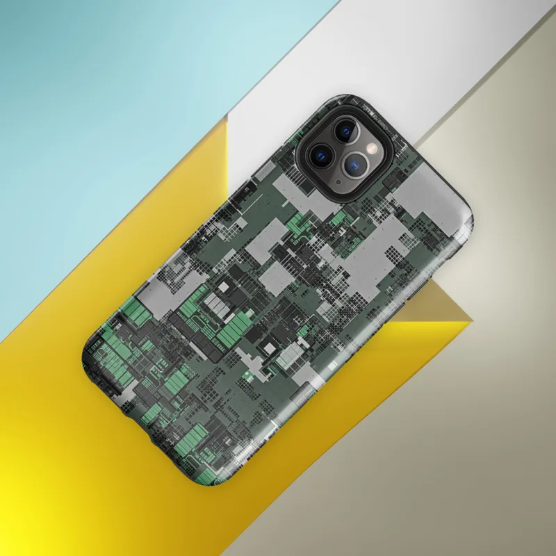 Glossy Circuit City Camo Tough Case for iPhone — aerial view of a dense circuit board cityscape in forest green, charcoal