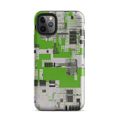 aerial digital cityscape in electric green, black, and white with overlapping grid lines and circuit-like architectural blocks on Glossy Circuit City Digital Camo Case - default view