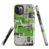 Glossy Circuit City Digital Camo Tough Case for iPhone — aerial digital cityscape in electric green, black, and white