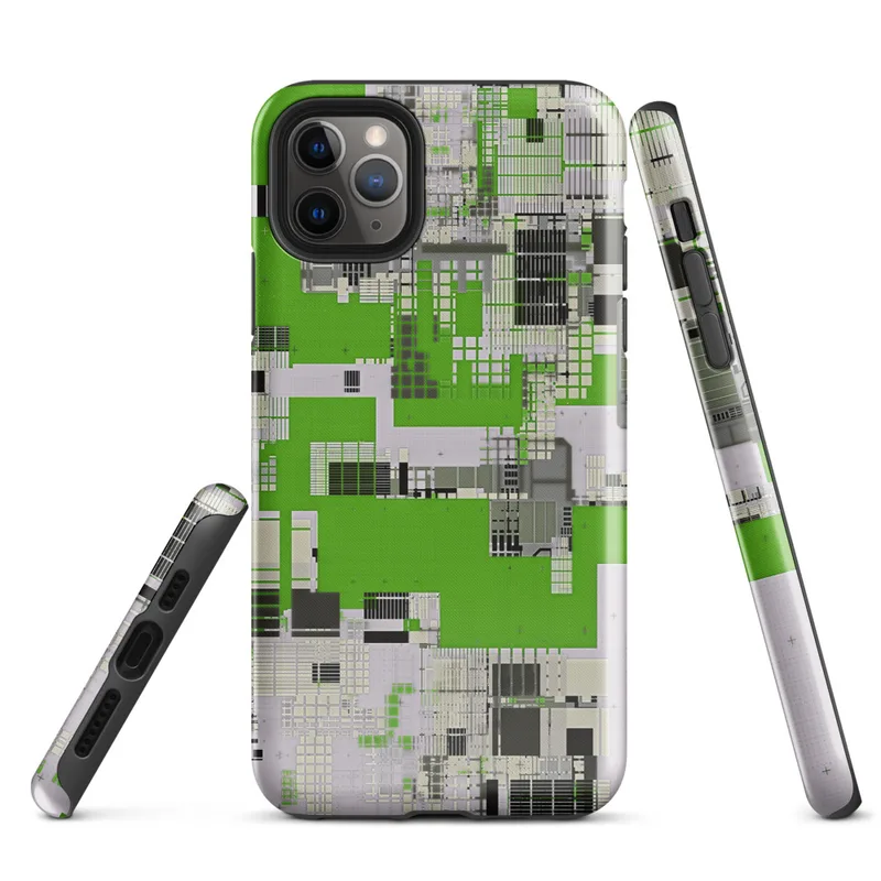 Glossy Circuit City Digital Camo Tough Case for iPhone — aerial digital cityscape in electric green, black, and white