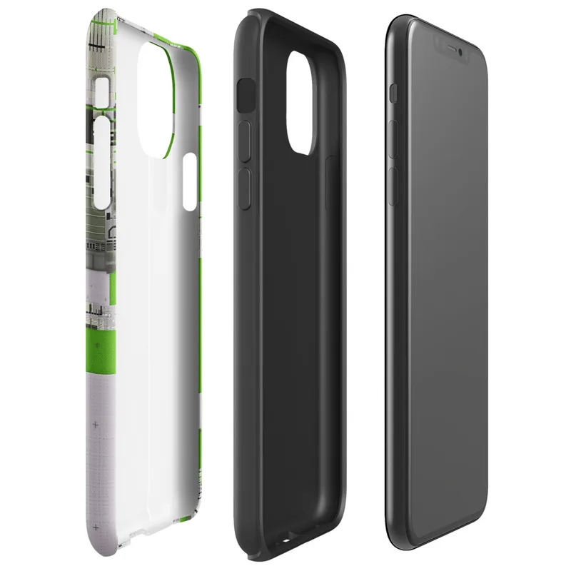 Glossy Circuit City Digital Camo Tough Case for iPhone — aerial digital cityscape in electric green, black, and white