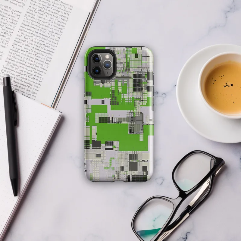Glossy Circuit City Digital Camo Tough Case for iPhone — aerial digital cityscape in electric green, black, and white