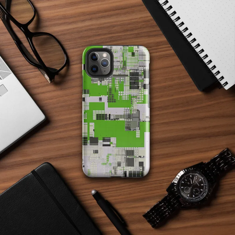 Glossy Circuit City Digital Camo Tough Case for iPhone — aerial digital cityscape in electric green, black, and white