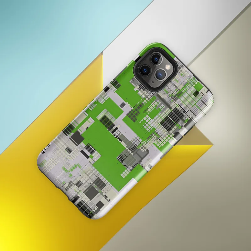 Glossy Circuit City Digital Camo Tough Case for iPhone — aerial digital cityscape in electric green, black, and white