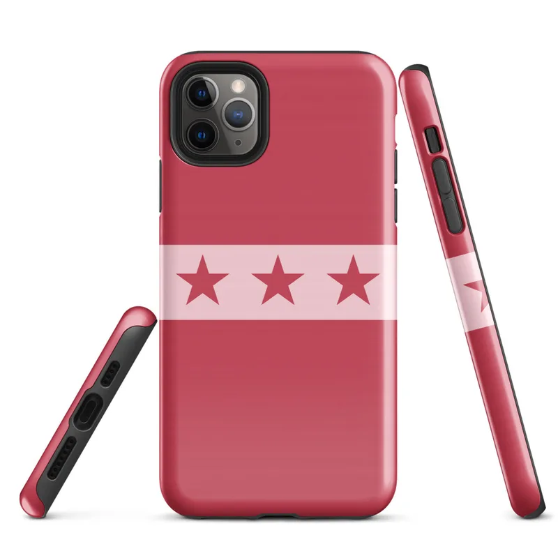 Glossy Crimson Stars Bold Stripe Tough Case for iPhone — seven dark crimson stars on a blush pink horizontal stripe band
