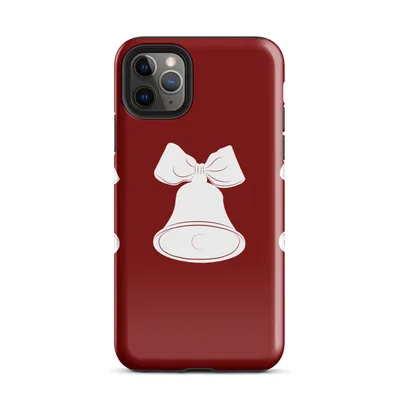 three white Christmas bells with ribbon bows arranged in a row on a deep crimson red background on Glossy Jingle Bells Holiday iPhone Case - default view