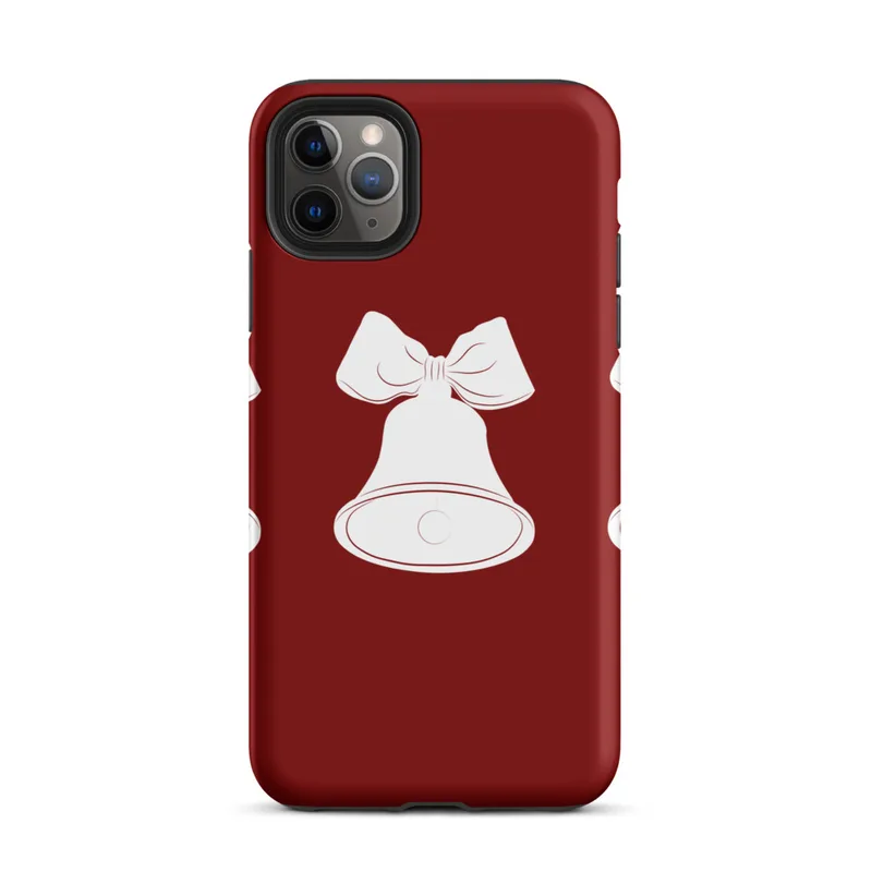 Matte Jingle Bells Holiday Tough Case for iPhone — three white Christmas bells with ribbon bows arranged in a row on a deep