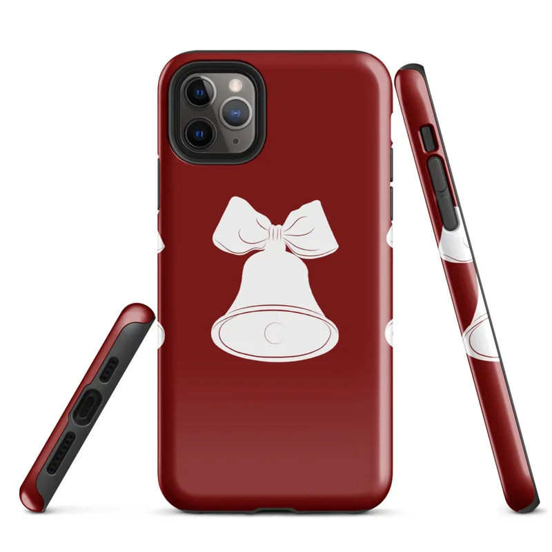 Glossy Jingle Bells Holiday Tough Case for iPhone — three white Christmas bells with ribbon bows arranged in a row on a deep