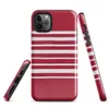 Glossy Classic Red Stripe Bold Tough Case for iPhone — horizontal white stripes evenly spaced across a deep crimson red