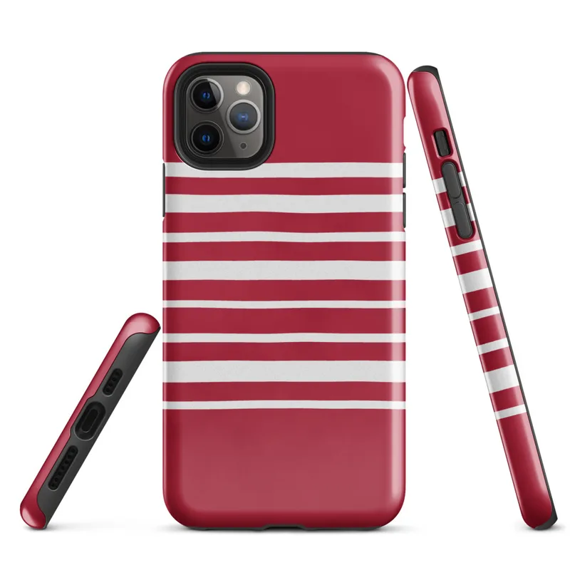 Glossy Classic Red Stripe Bold Tough Case for iPhone — horizontal white stripes evenly spaced across a deep crimson red