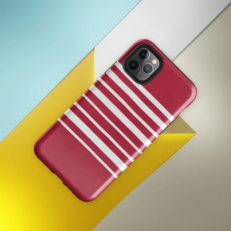 Glossy Classic Red Stripe Bold Tough Case for iPhone — horizontal white stripes evenly spaced across a deep crimson red
