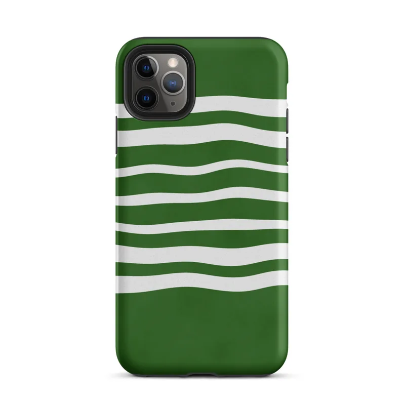 Matte Forest Waves Sleek Tough Case for iPhone — wavy white horizontal stripes flowing across a deep forest green background