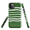 Glossy Forest Waves Sleek Tough Case for iPhone — wavy white horizontal stripes flowing across a deep forest green