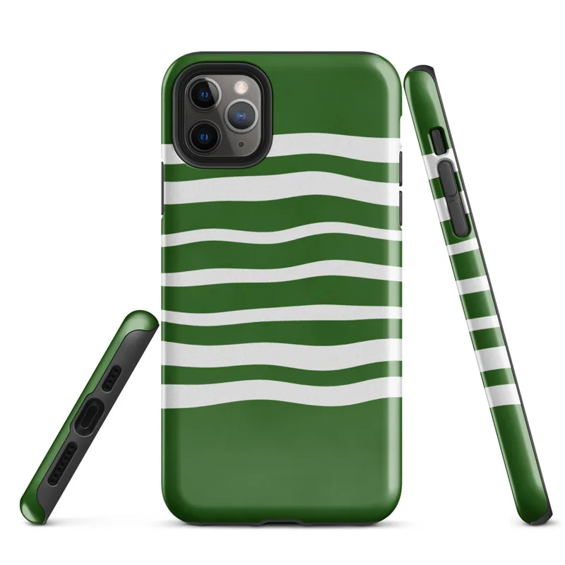 Glossy Forest Waves Sleek Tough Case for iPhone — wavy white horizontal stripes flowing across a deep forest green