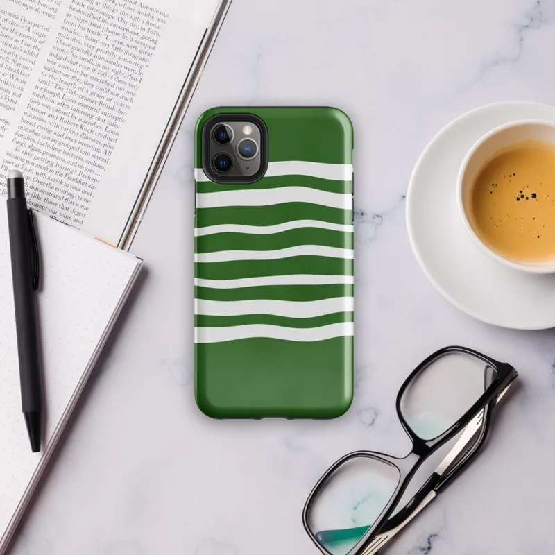 Glossy Forest Waves Sleek Tough Case for iPhone — wavy white horizontal stripes flowing across a deep forest green