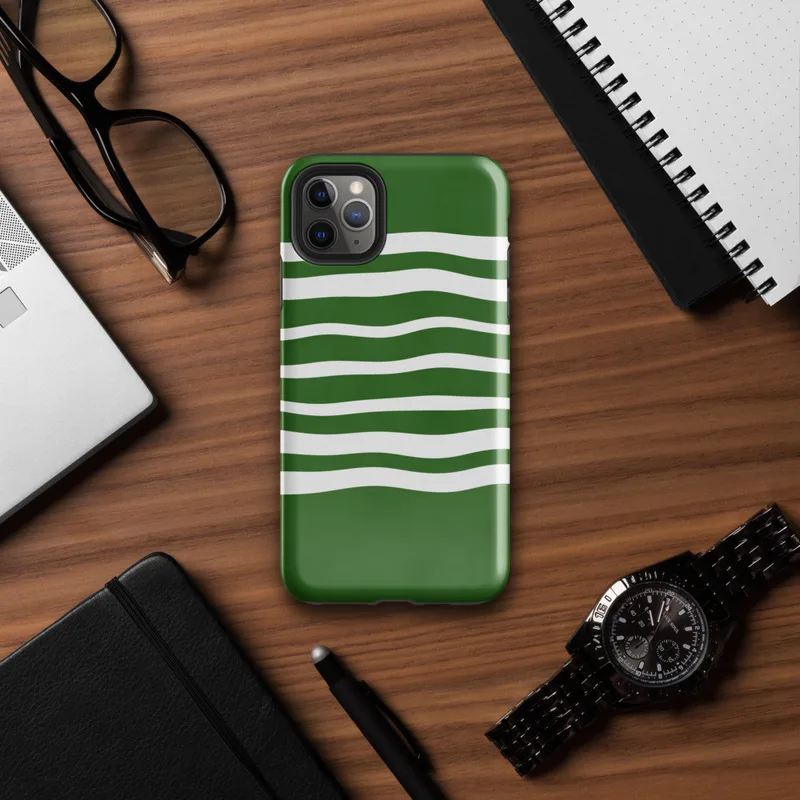 Glossy Forest Waves Sleek Tough Case for iPhone — wavy white horizontal stripes flowing across a deep forest green