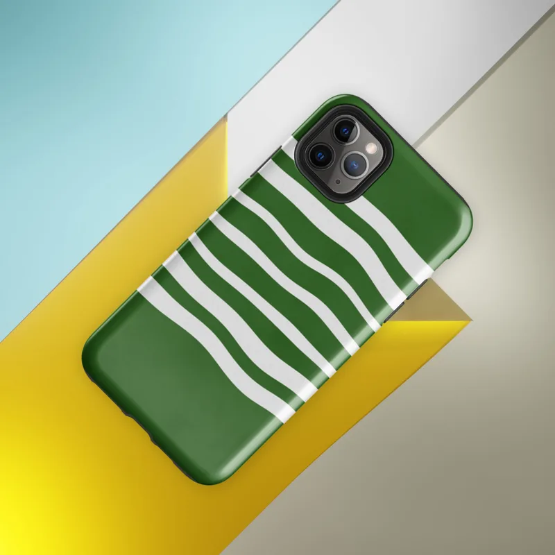 Glossy Forest Waves Sleek Tough Case for iPhone — wavy white horizontal stripes flowing across a deep forest green