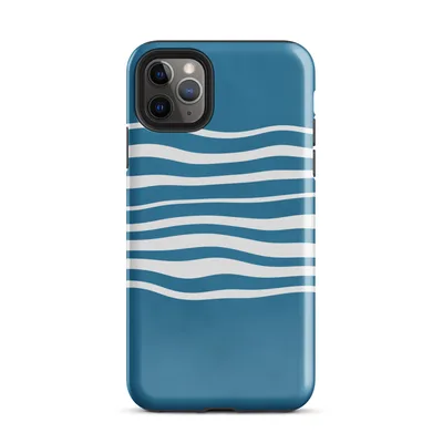 fluid white wavy horizontal lines layered across a rich teal blue background evoking ocean currents on Glossy Ocean Wave Lines Case - default view